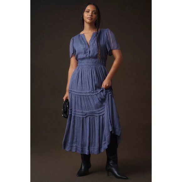 Anthropologie The Somerset Maxi Dress Lurex Edition Metallic Marin Navy L NWT - Picture 6 of 8